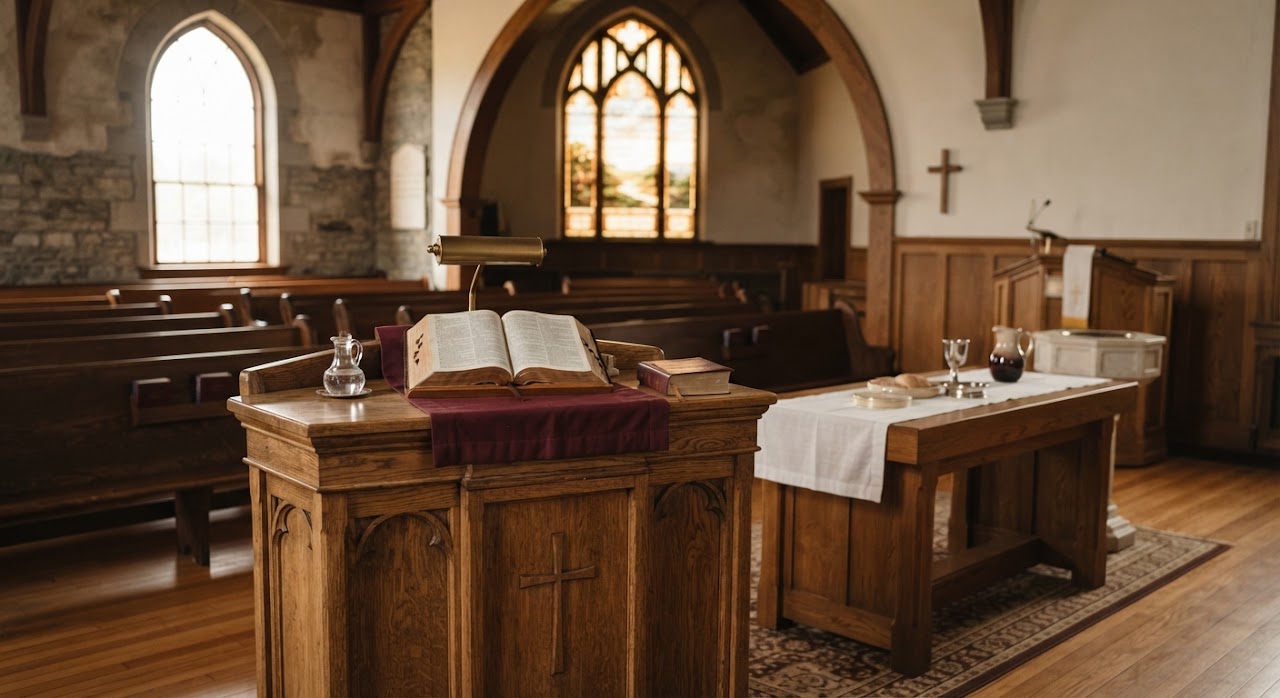 Warm interior of the rural church pulpit with Bible open, bathed in soft morning light